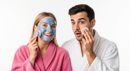 Young couple in bathrobes doing skincare routine. Smiling woman applying blue face mask and surprised man cleaning face with cotton pad. Beauty and grooming concept