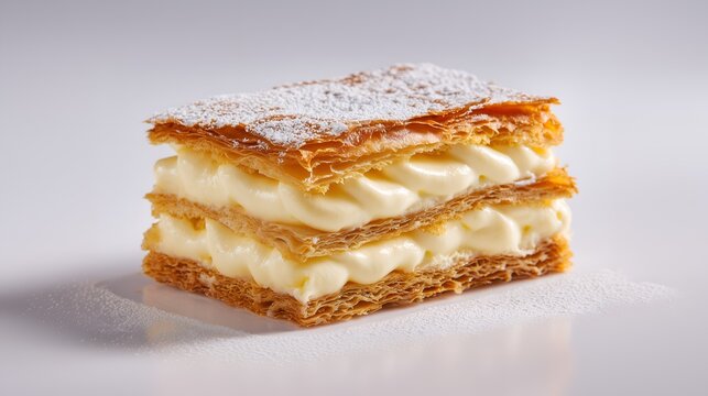 Classic Italian milfey cake (millefoglie) with flaky puff layers and vanilla cream filling. Ideal for recipe books, menu design, and culinary websites or blogs