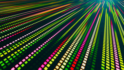 An illustration with many colored glowing lines and square segments going into the distance. The effect of movement from neon light. Suitable for themes related to technology, futurism and club