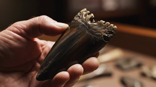 Fossil Shark Tooth Held in Hand - A hand holds a large, fossilized shark tooth. The tooth is brown and cream in color with serrated edges along the crown.