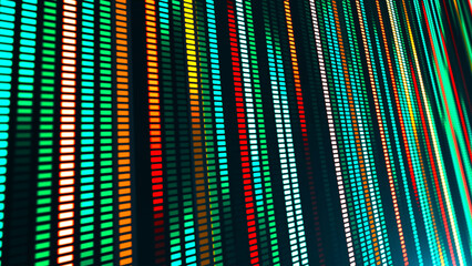 An illustration with many colored glowing lines and square segments going into the distance. The effect of movement from neon light. Suitable for themes related to technology, futurism and club