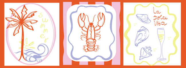 Dolce Vita poster set. Doodle-style seafood, and palm tree, sun and sea,   card design. Italian sketches with limoncello, lobster, and seafood. Hand-drawn vector illustration