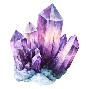 Watercolor Illustration of a Cluster of Purple Amethyst Crystals Geode
