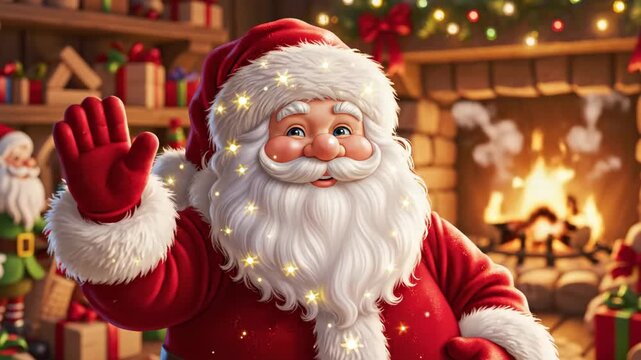 Cheerful Santa Claus Waving - A friendly Santa Claus with twinkling star-shaped lights in his beard waves to the viewer. He is in a cozy room with a fireplace, presents, and other holiday decorations.