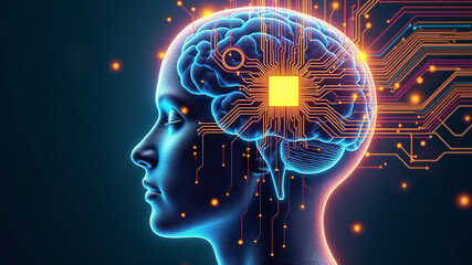 Obraz premium Human microchipping. A head with a brain chip, from which glowing pathways extend. AI generative.