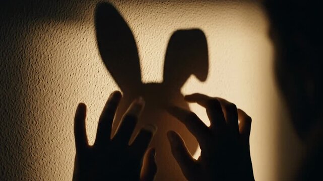 Hands playing with rabbit shadow on wall in dark room, storytelling and imagination concept
