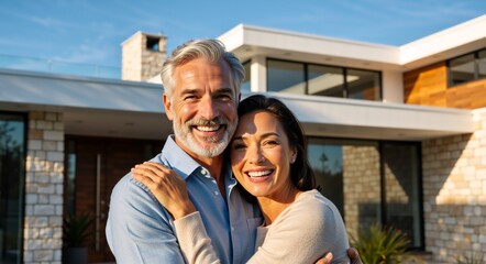Happy mature couple embracing in front of a modern luxury house. Portrait of husband and wife standing outside their new residential property. Real estate and retirement concept