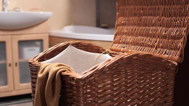 Laundry basket closeup, Detailed shot of open wicker laundry basket on bathroom floor with towel, Intimate image capturing wicker laundry basket with towel in bathroom under warm lighting