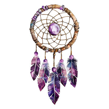 Watercolor Illustration of a Purple Dreamcatcher with Feathers and Crystals
