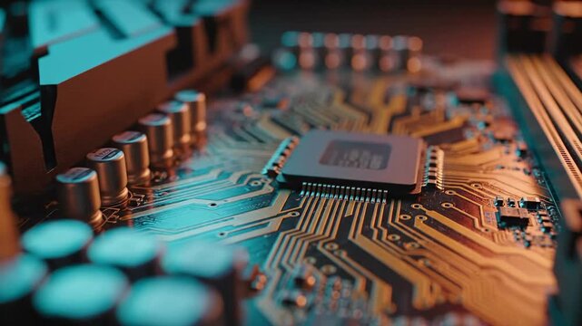 Futuristic computer motherboard macro view with CPU and capacitors in teal and orange neon lighting