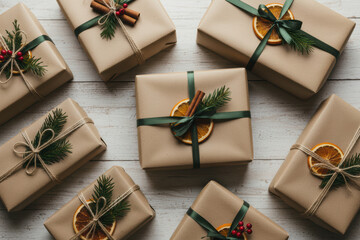 Fototapeta premium Christmas gifts wrapped in craft paper with natural decorations