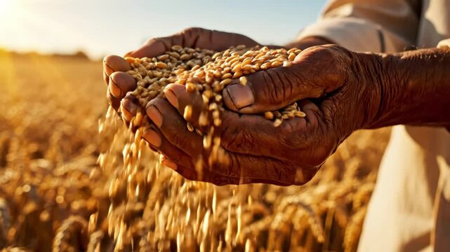 Wheat Harvest Hands - A farmer's hands hold freshly harvested wheat grains, letting them fall back into the field.