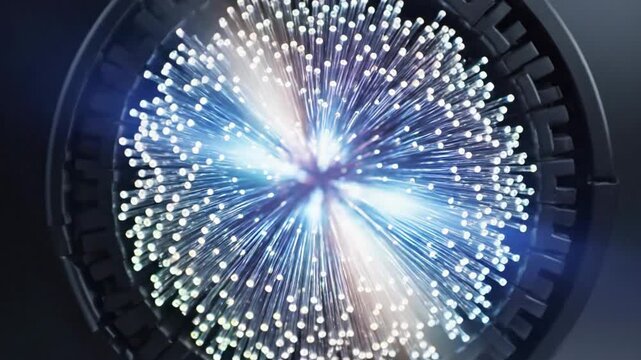 Macro view of glowing blue fiber optic cable bundle transferring high speed data