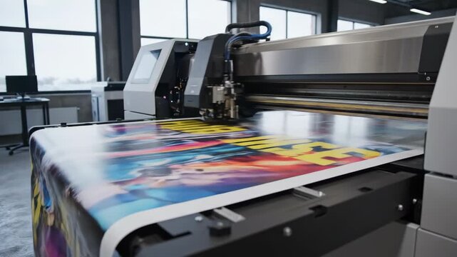 Large Format Printer in Action - A large format printer is shown printing a colorful poster in an industrial setting. The printing head moves across the surface of the poster, depositing ink.
