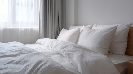 Bright Minimalist Bedroom with White Bedding and Curtains