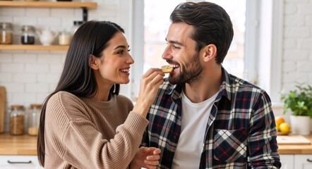 Happy young couple sharing a playful moment in the kitchen. Affectionate woman feeding her smiling boyfriend a cracker. Love and domestic lifestyle concept