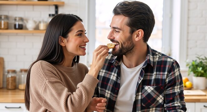 Happy young couple sharing a playful moment in the kitchen. Affectionate woman feeding her smiling boyfriend a cracker. Love and domestic lifestyle concept - Powered by Adobe