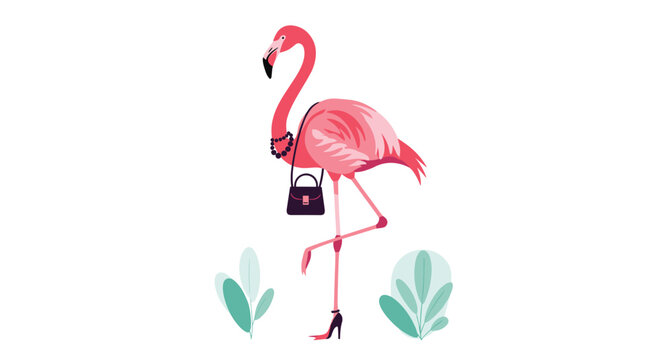A fashionable and funny pink flamingo character is dressed up with high heels a handbag and a necklace like a fashionista.