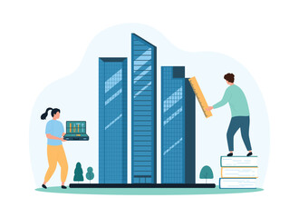 City architecture planning and optimization by architects and engineers, designers. Tiny people work on modern skyscraper project with builders tools, improve building cartoon vector illustration