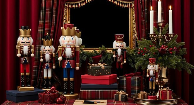 Festive holiday display featuring nutcracker soldiers gifts and a golden framed backdrop