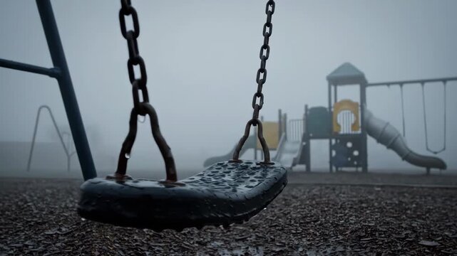 Foggy Playground Swing Set - An empty swing set sits in a foggy playground, the swing seat wet with droplets. A slide and climbing structure can be seen blurred in the background.