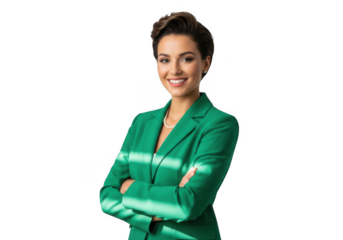 Professional woman in green blazer isolated on transparent background