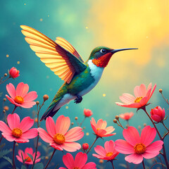 Fototapeta premium Robotic Hummingbird Pollinating Glowing Neon Flowers – Futuristic Nature Concept Illustration.