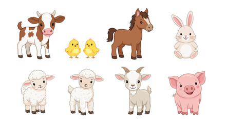 Adorable collection of cute cartoon baby farm animals including a calf chicks horse rabbit lambs goat and a happy piglet.