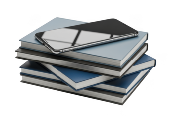 Stack of books with a device isolated on transparent background