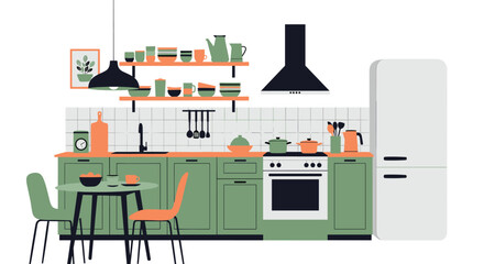 Stylish and modern kitchen interior with green cabinets a dining table refrigerator and various utensils on shelves and countertops.