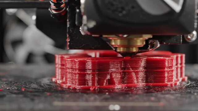 Close-up of 3D Printer Nozzle Extruding Red Filament Layer by Layer to Create Plastic Gear