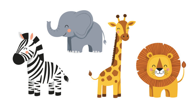 Charming set of cute cartoon jungle animals featuring a happy zebra elephant giraffe and lion isolated on a white background.