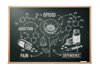 Opioid addiction and dependence chalkboard illustration isolated on transparent background