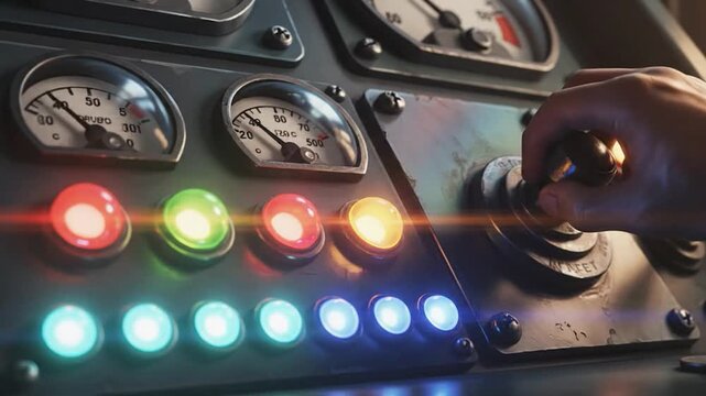 Control panel with dials and levers in industrial setting
