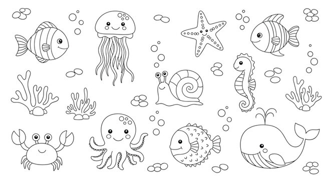Educational dot-to-dot and coloring page for children featuring a variety of cute and friendly cartoon sea creatures to trace.