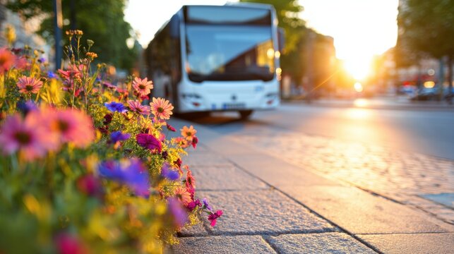 Sunset bus stop with flowers blooming along the city street in springtime