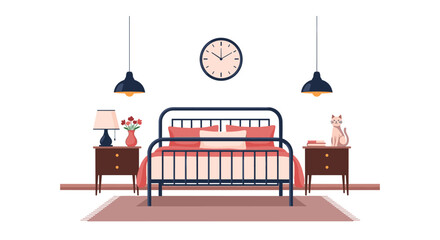 Symmetrical view of a modern bedroom interior with a metal frame bed bedside tables hanging lamps and a cute cat.