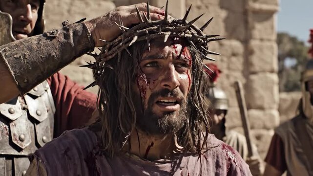 Jesus Crowned with Thorns - A depiction of Jesus being crowned with thorns by Roman soldiers. Blood trickles down his face as the soldiers mock him during the Passion.