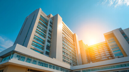 Obraz premium Modern High-Rise Building with Sunlight and Blue Sky