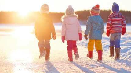 Children walk on snowy ground during sunset in winter season