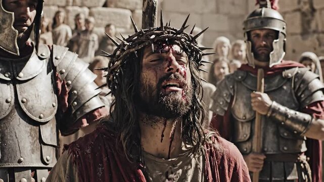 Jesus Christ Suffering - Jesus Christ wearing a crown of thorns suffers during the crucifixion. Roman soldiers stand guard as a crowd watches the Biblical scene.