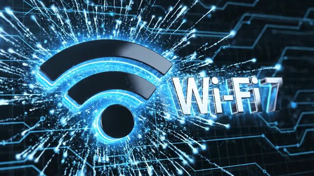 Wi-Fi 7 logo animation on digital circuit background. 3D futuristic wireless internet technology concept. High-speed network connection symbol with glowing blue neon lights