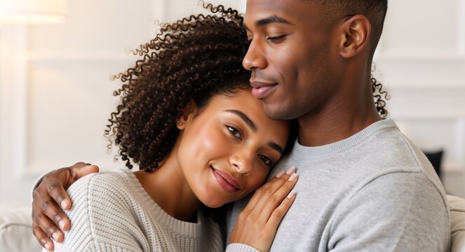 Affectionate young african american couple embracing at home. Loving woman resting on her man's chest in a tender portrait. Relationship and intimacy concept - Powered by Adobe