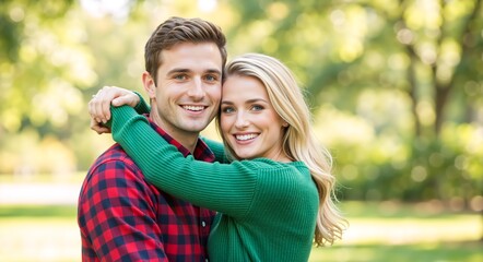 Happy young couple hugging in a park. Portrait of a smiling man and woman embracing outdoors. Romantic relationship concept