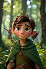 Young elf boy smiling in forest with bow and arrow on back  