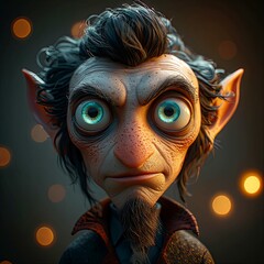 Quirky animated character with large eyes and messy hair in dim light  