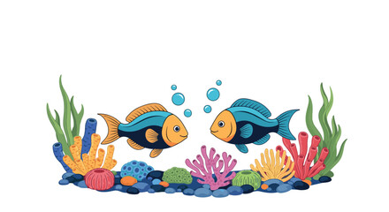 Obraz premium Colorful underwater scene with two friendly cartoon fish swimming together among a variety of vibrant corals and sea plants.