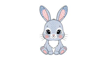 Fototapeta premium Incredibly cute cartoon baby bunny with big expressive eyes and patterned ears sitting on a clean white isolated background.