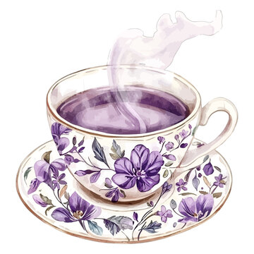 Watercolor white teacup and saucer with purple floral pattern, vector
