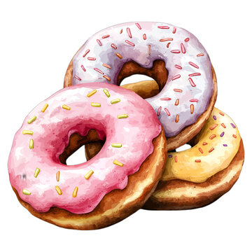 Watercolor stack of pink, purple, yellow donuts with sprinkles, vector
